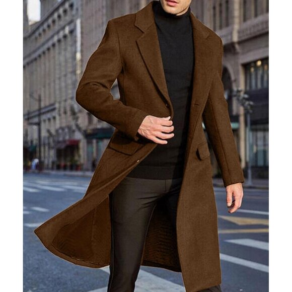 ✨Men Brown Casual Trench Coat Slim Fit Notched Collar Long Jacket Pea Overcoat - Picture 5 of 6